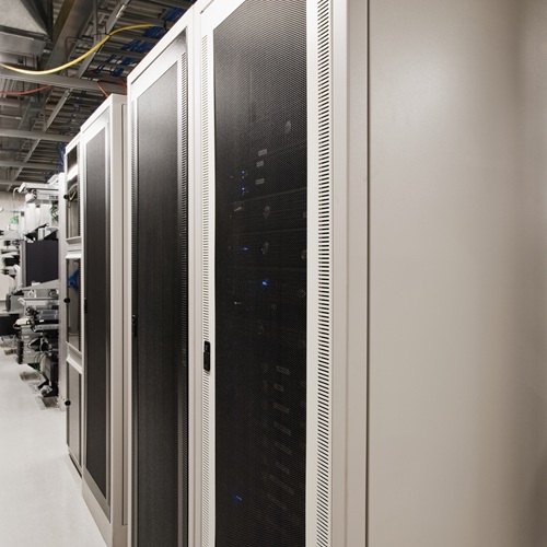 Computer servers in cabinet.